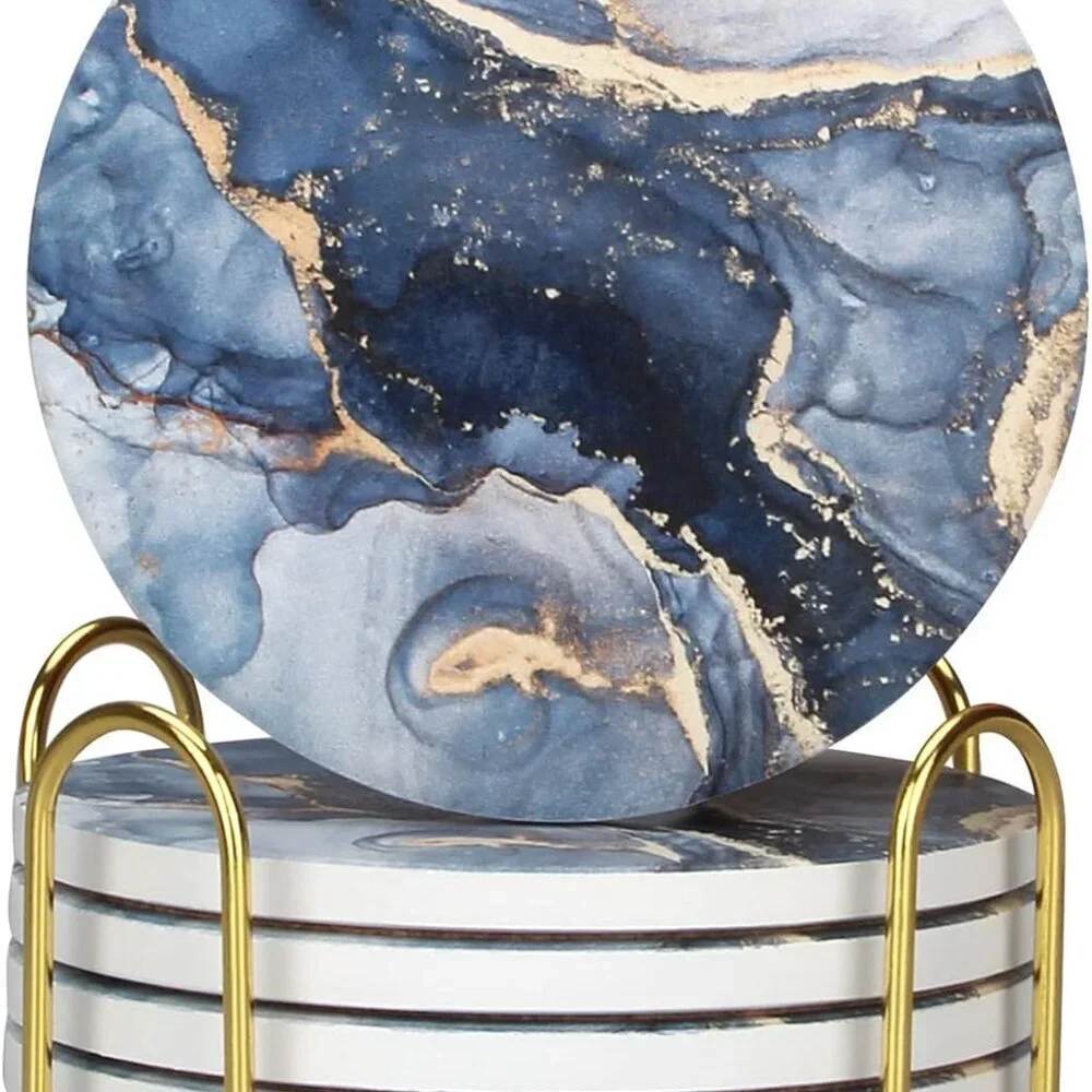 6 Pcs Navy Blue Marble Abstract Ceramic Coasters with Holder Best Absorbent Drin